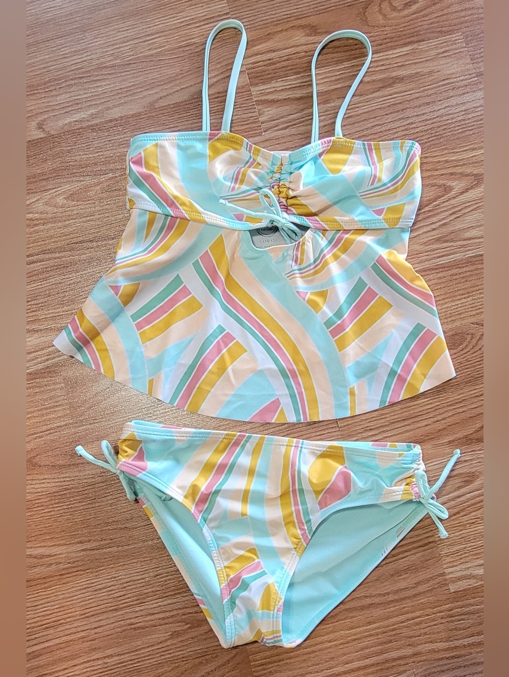 Pastel Stripe Tankini Girls Swim Set - Mint, Yellow, Pink Size Girls L 10/12